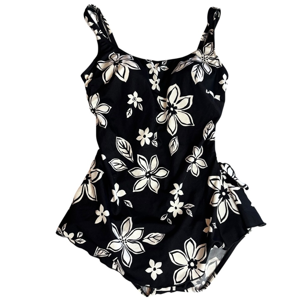 Vintage Maxine of Hollywood Black & White Floral One-Piece Swimsuit Size 12